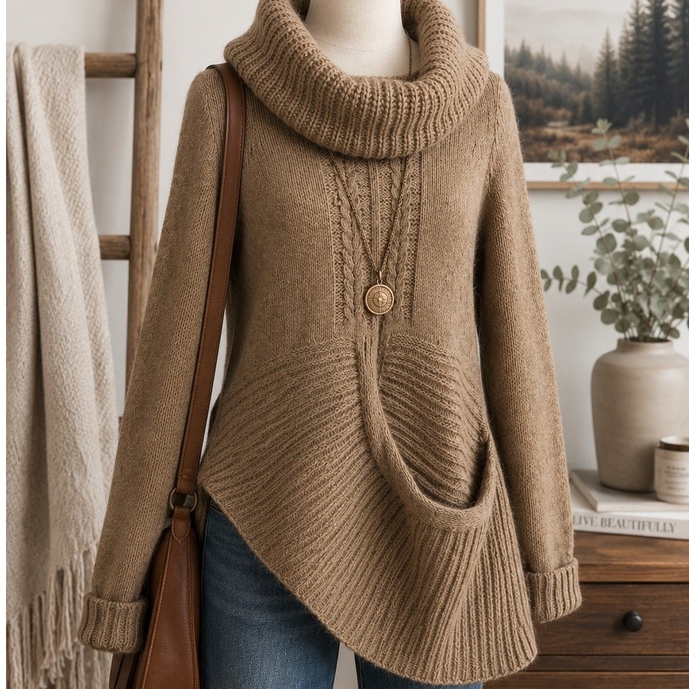 Berretti Womens Sweater Cowl Neck Asymmetrical‎ Mohair Wool Blend Brown M